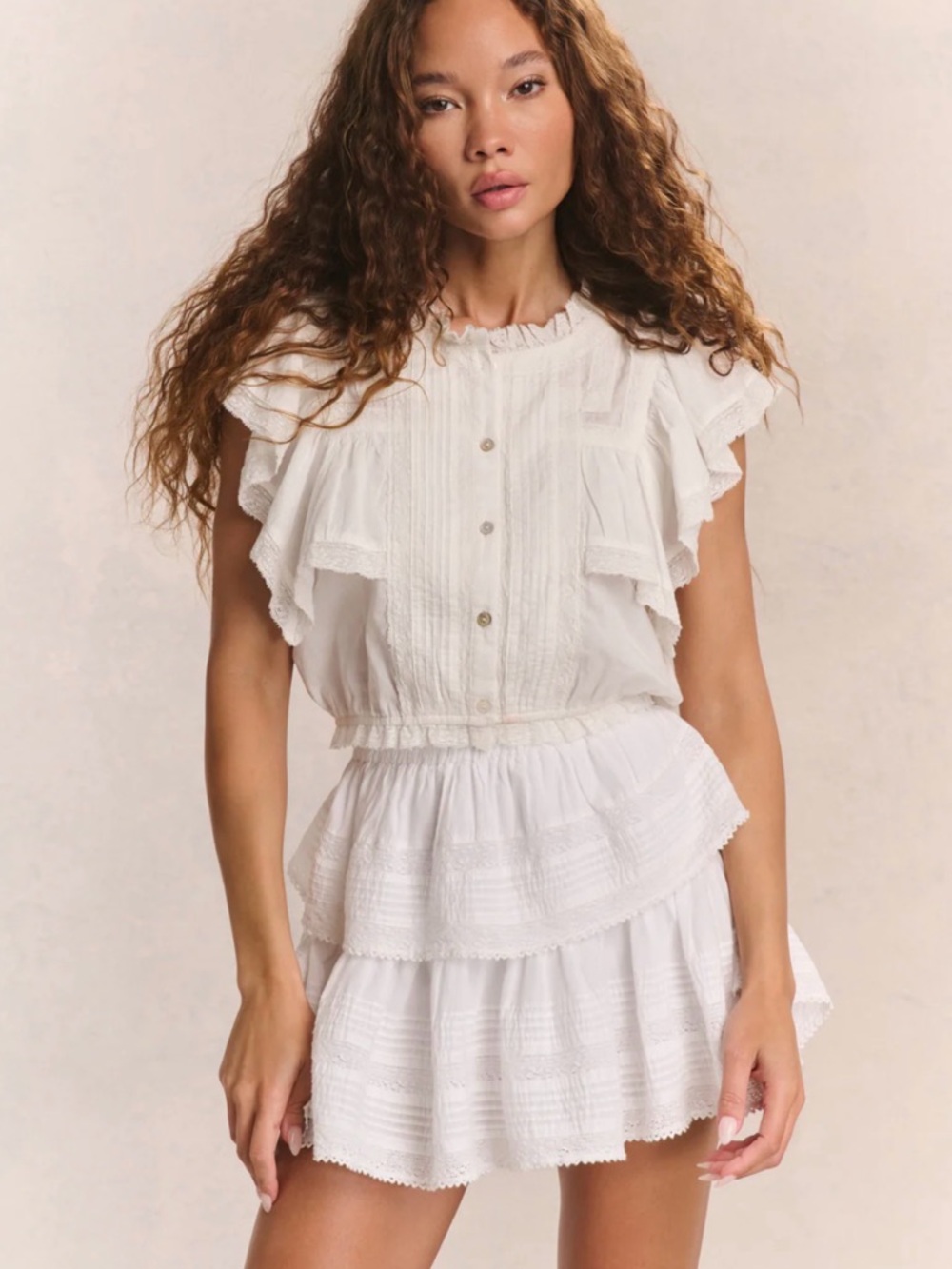 NWT [LoveShackFancy] Nora Heritage White Flutter Crop Top Women's Multiple Sizes - Picture 3 of 14